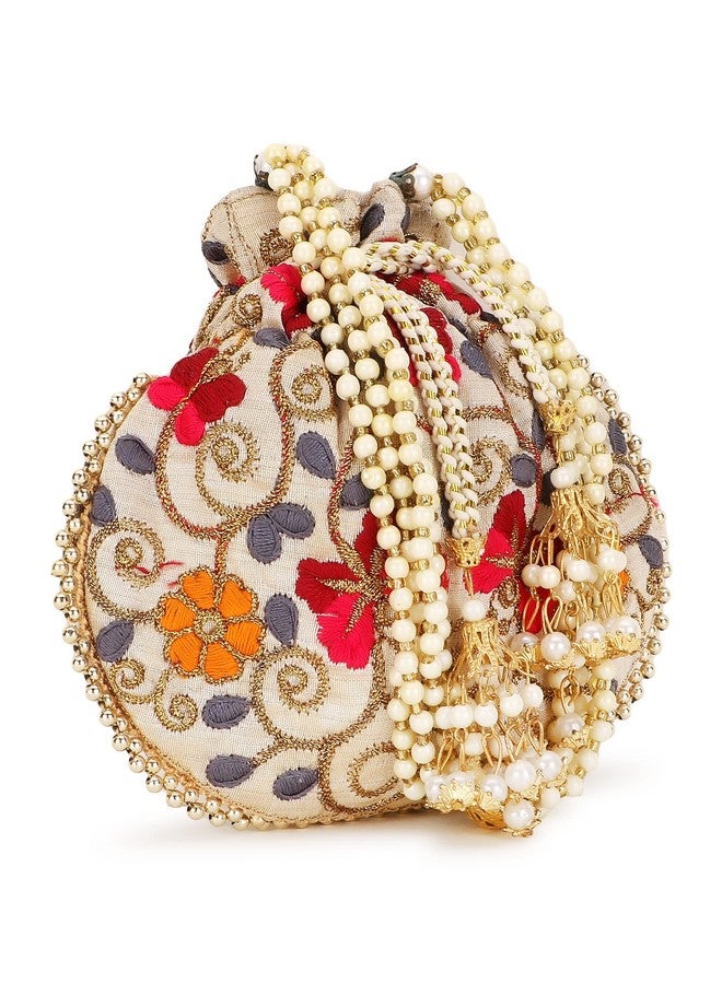 Anekaant Faux Silk Cream Colour Embroidered Potli - Image 2